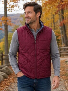 Weatherproof Vintage Quilted Puffer Vest Men’s XL Burgundy Plaid Lined Zip Front